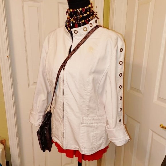 OSO Casuals White DENIM Spring Bomber Jacket w/ Metal Rings XL Orig $120+Tax NWD - Picture 9 of 11
